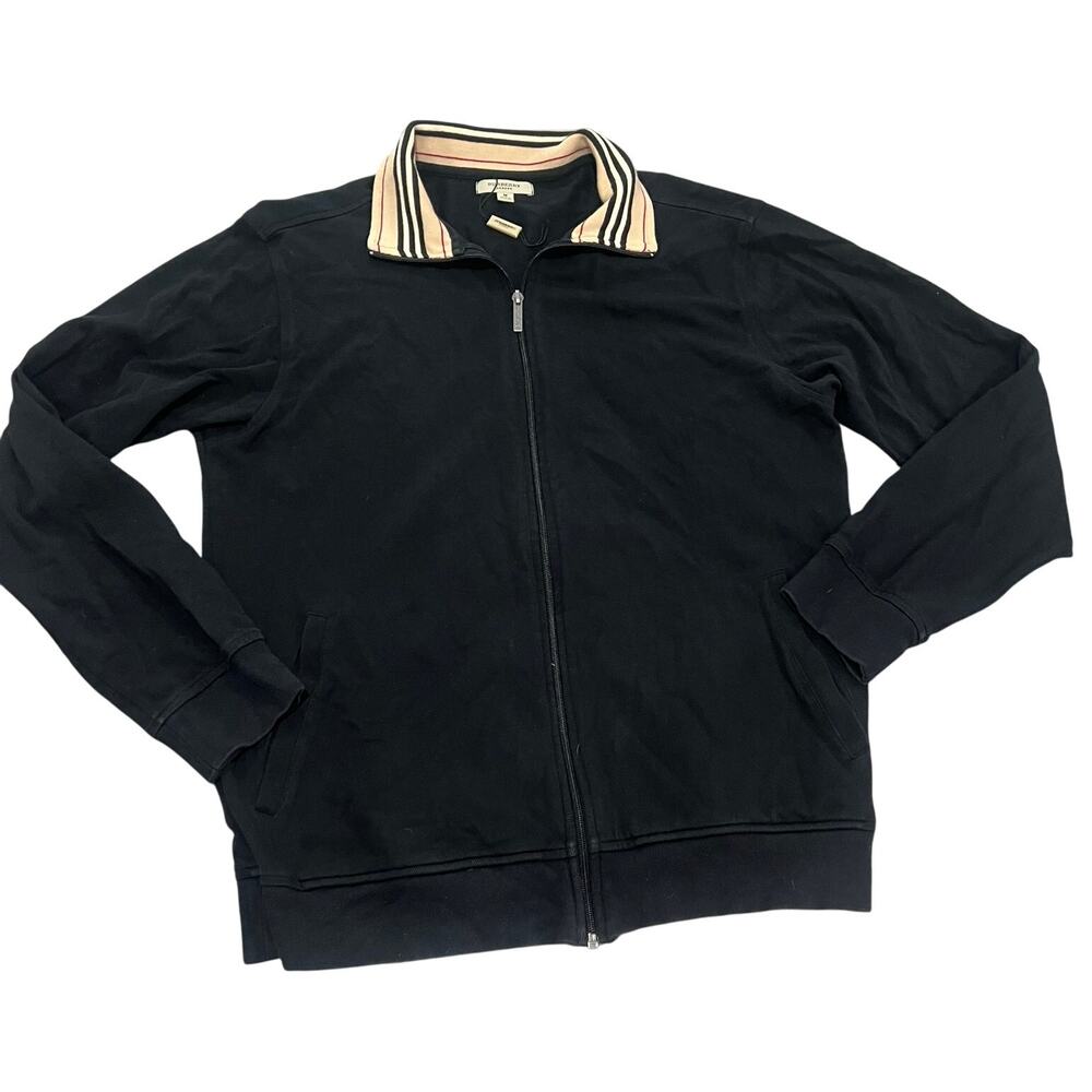 Burberry London Black Cotton Check Collar Zip Up Sweater Medium